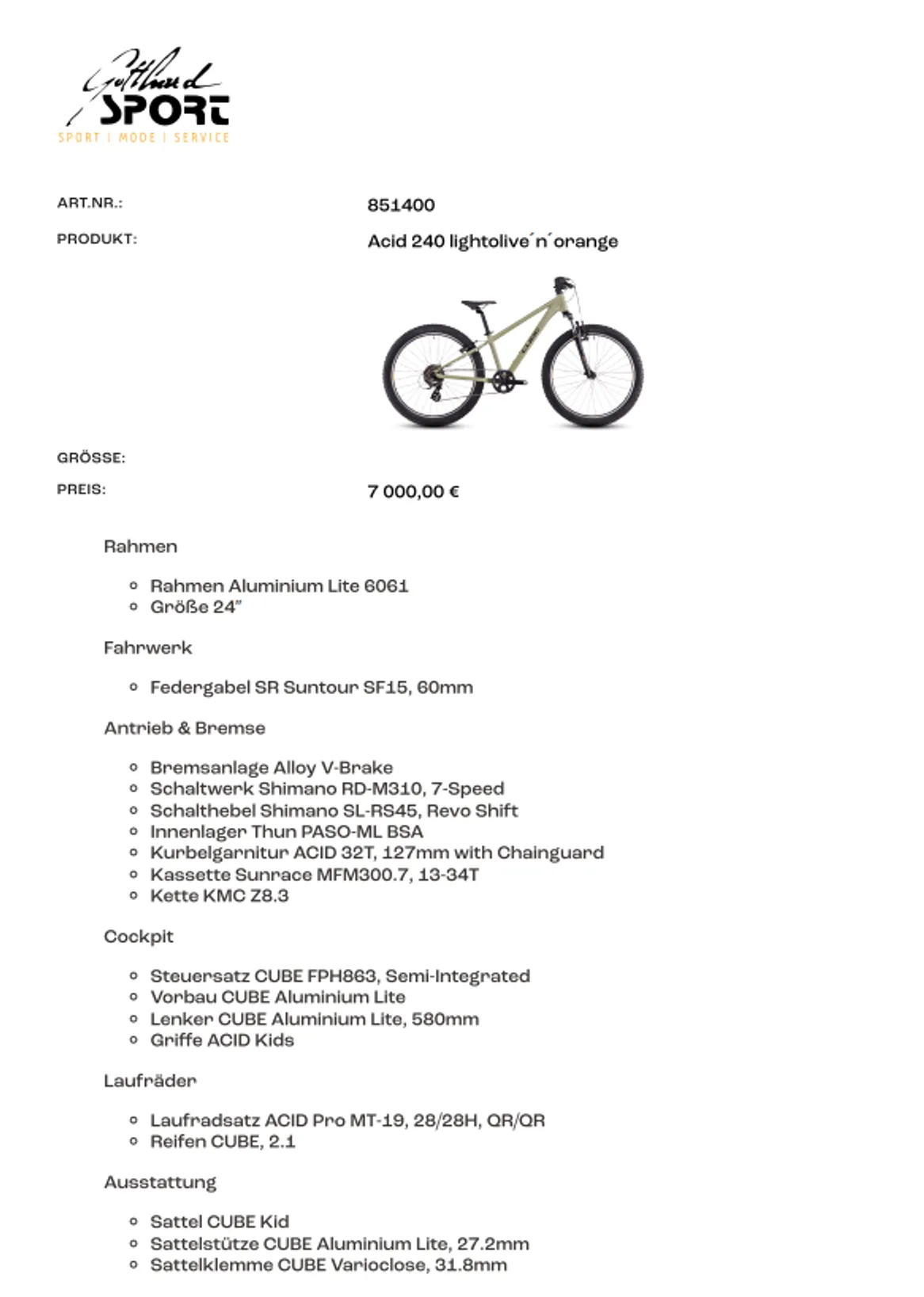 Druckansicht eines Rades in der RadVoraus-App: Logo des Händlers, Artikelnummer, Produktname, Produktbild, Größe, Preis und die vollständige Ausstattungsliste von Rahmen bis Sattelstütze.