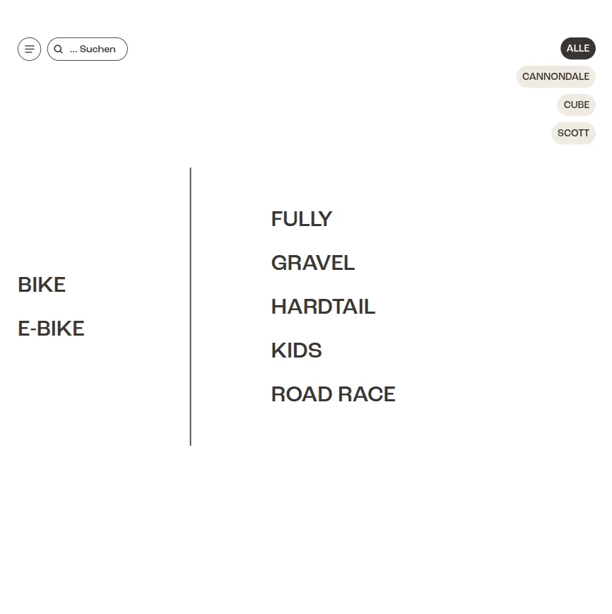 Auswahl in der RadVoraus-App: Bike und E-Bike, darunter die Kategorien Fully, Gravel, Hardtail, Kids und Road Race, rechts die Markenfilter.