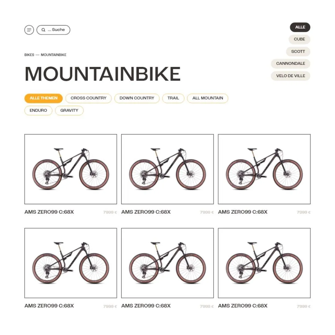 Kategorieübersicht Mountainbike in der RadVoraus-App mit Themenfiltern und einem Bildraster der Räder samt Preisen.