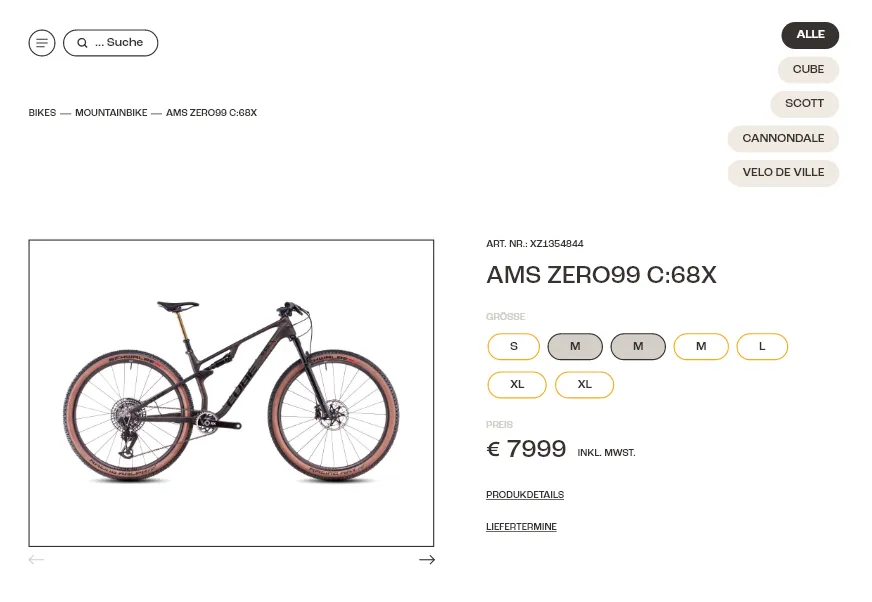 Detailansicht eines Mountainbikes in der RadVoraus-App mit Artikelnummer, verfügbaren Größen, Preis und dem Verweis auf die Liefertermine.