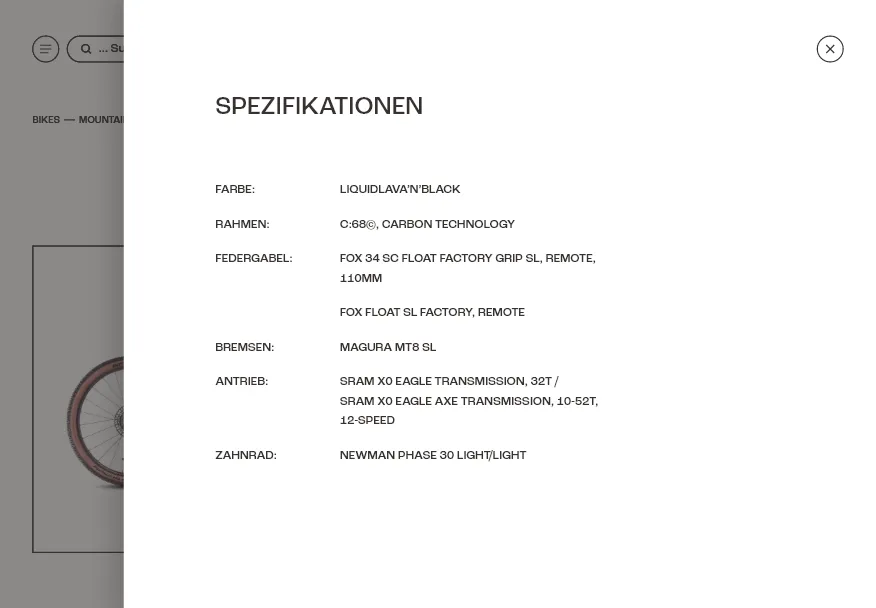 Spezifikationen eines Mountainbikes in der RadVoraus-App: Farbe, Rahmen, Federgabel, Bremsen, Antrieb und Laufräder.