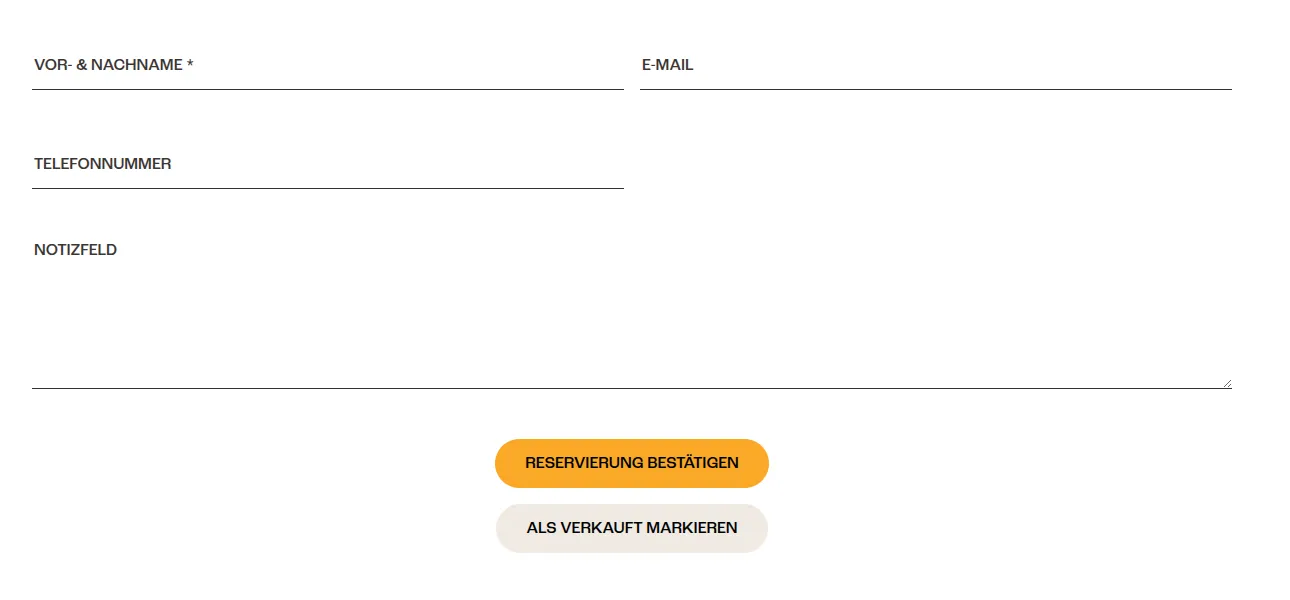 Reservierungsformular der RadVoraus-App mit Feldern für Name, E-Mail, Telefonnummer und einem Notizfeld, darunter die Schaltflächen „Reservierung bestätigen“ und „Als verkauft markieren“.